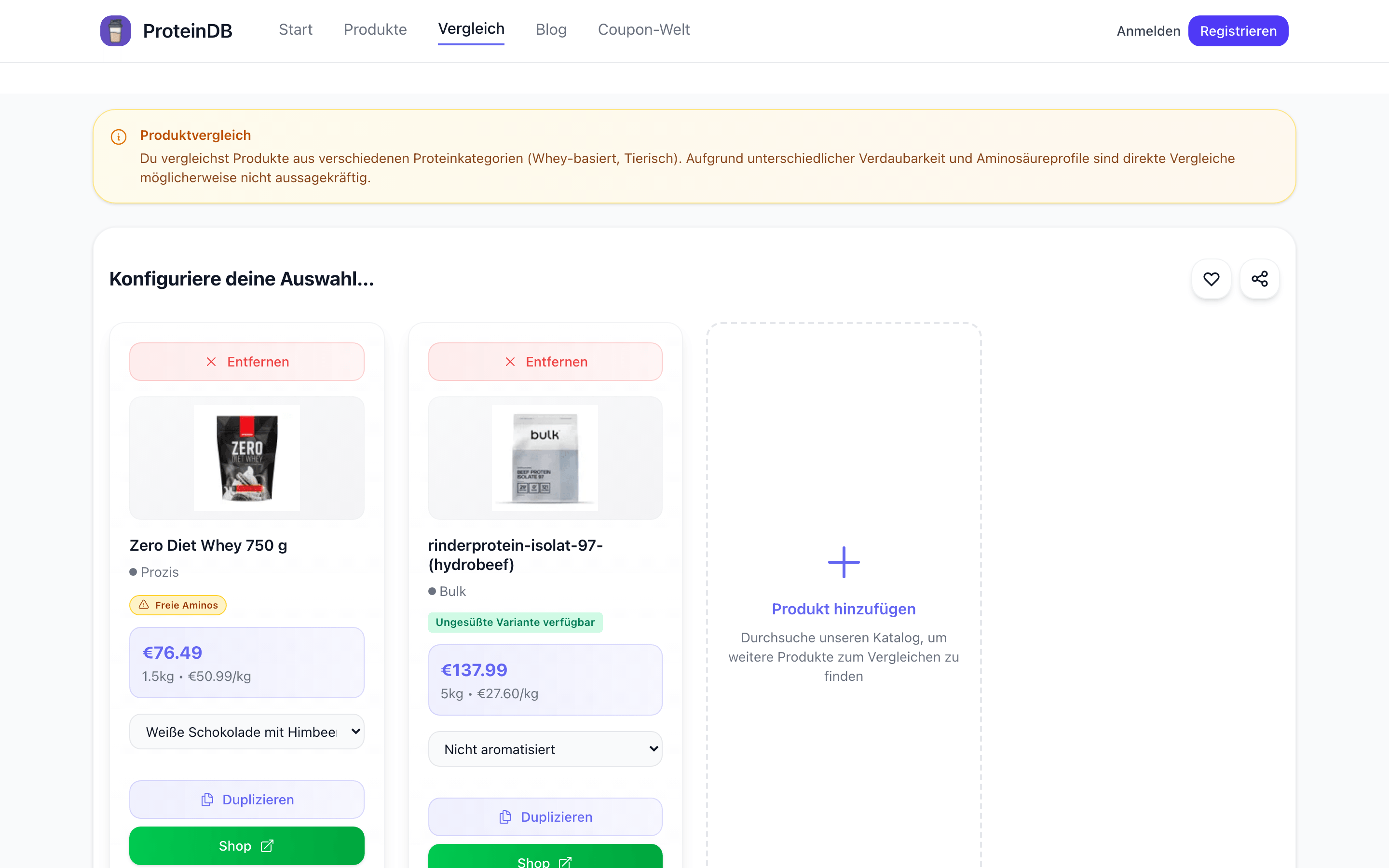 Direkter Produktvergleich zweier Proteinpulver