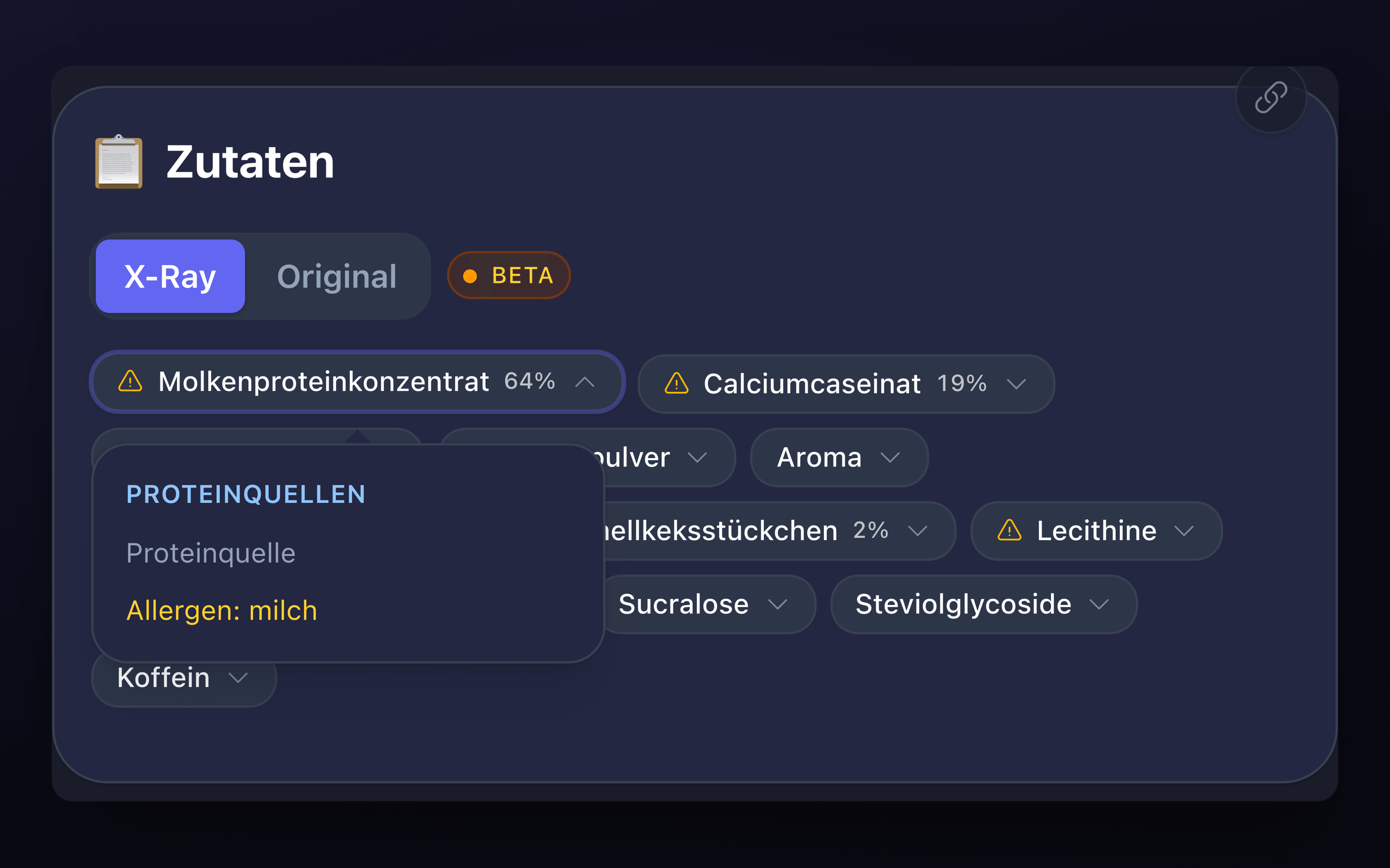 Zutaten-Röntgenblick: kategorisierte Zutaten mit Allergen-Markierung