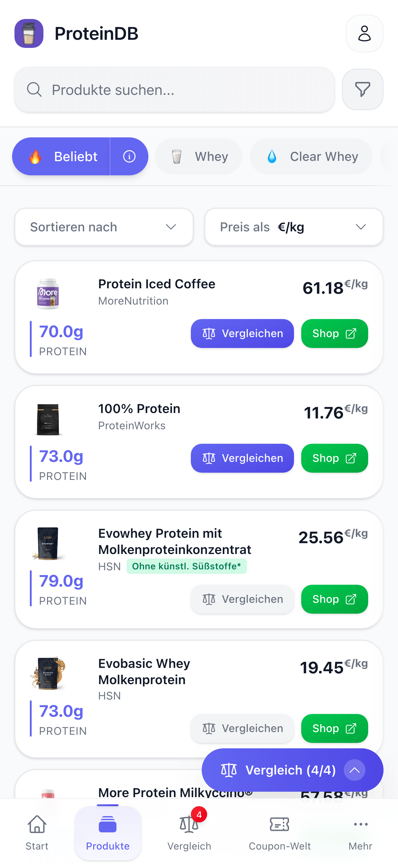 ProteinDB Produktvergleich als Tabelle